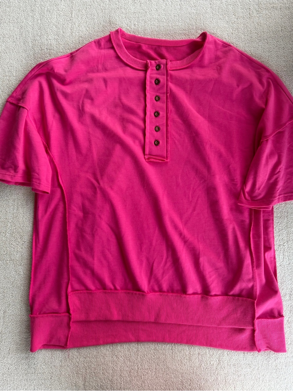 Women’s L Hot Pink Oversized Henley Sweatshirt Top Short Sleeve Pullover